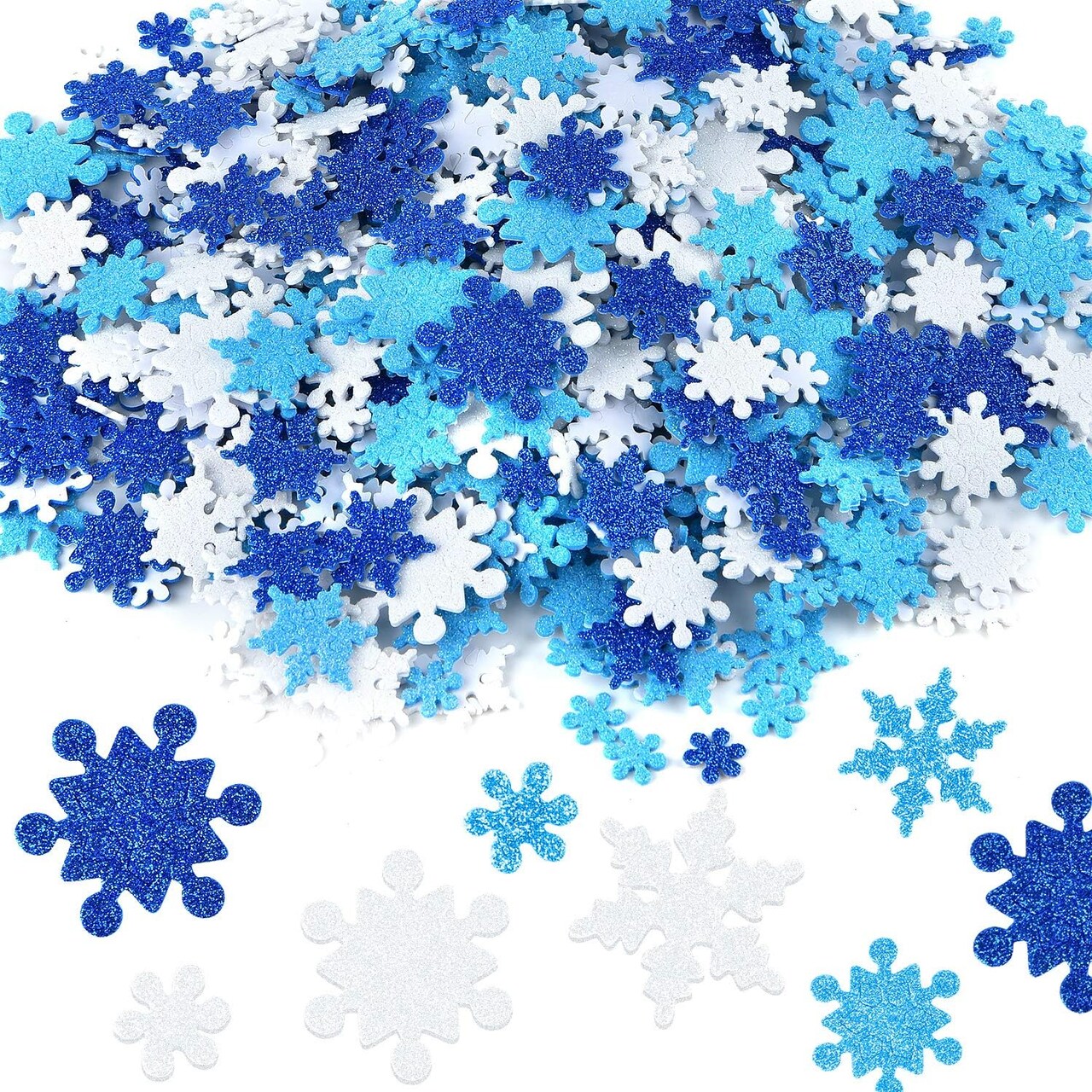300 PCS Glitter Snowflake Foam Stickers, Self-Adhesive EVA Snowflake Stickers in Assorted Sizes & Colors, Sparkly Winter Craft Embellishments for Christmas Decorations, DIY Crafts, Scrapbooking, Cards & Holiday Party Decor